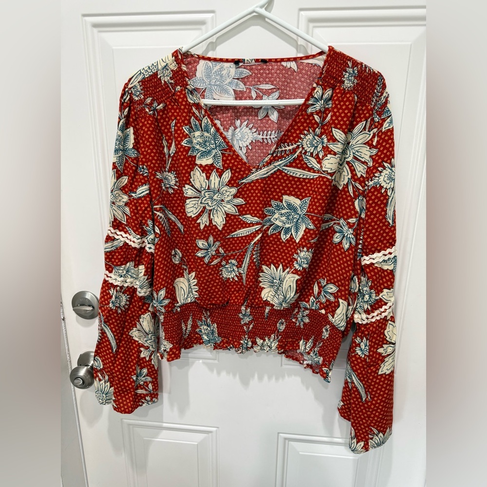 Jessica Simpson rust floral pheasant boho smocked shirt size XL